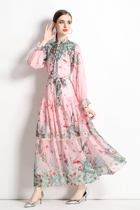 Gorgeous Floral Bow Neck, Long Sleeves, Tiered Ruffled Chiffon Party, Cocktail, Festive Vintage Maxi Dress